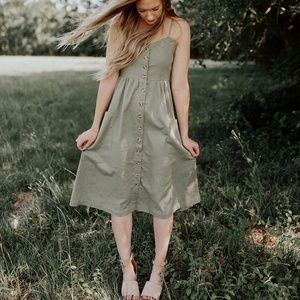 Olive button down linen dress